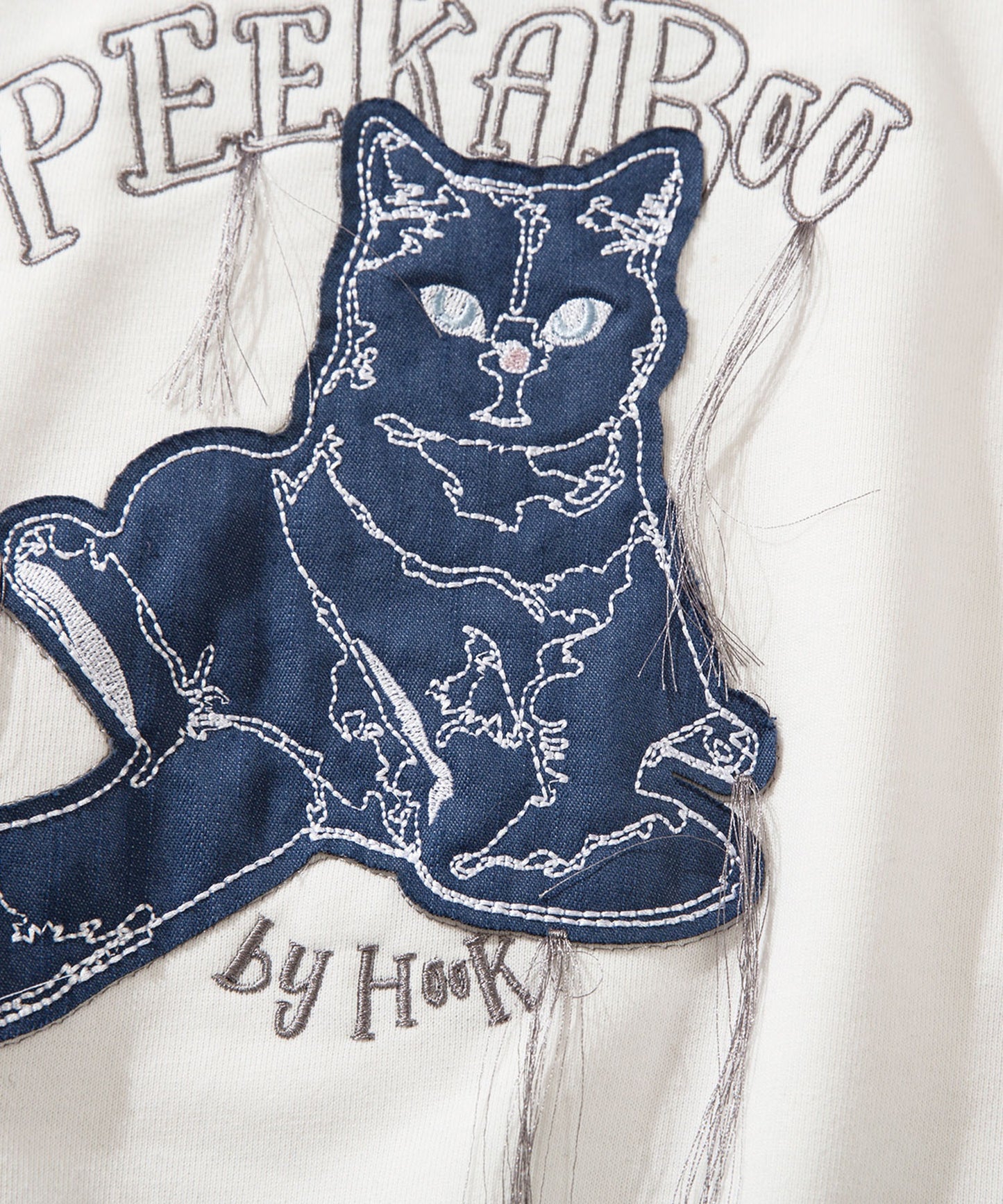 【HOOK -original-】かわいいネコパッチワーク刺繍フリンジスウェット